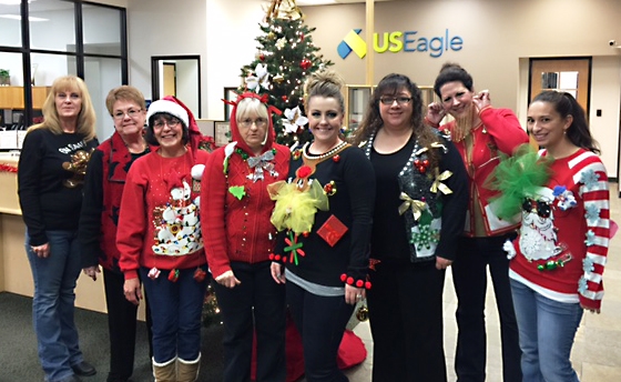 U.S. Eagle employees competing for crazy holiday sweater contest.