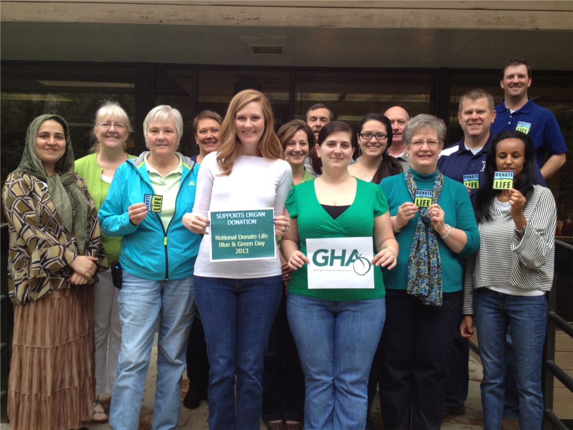 GHA staff members wear blue and green in support of Donate Life Month.