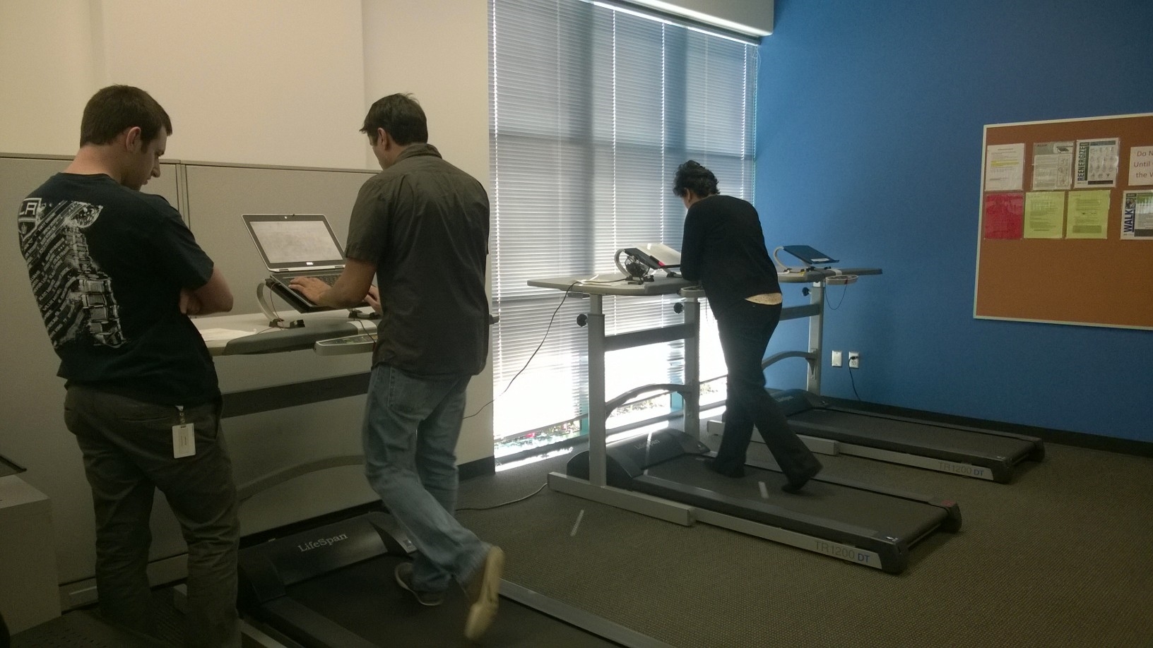 Employees getting some exercise while working on our treadmill desks.