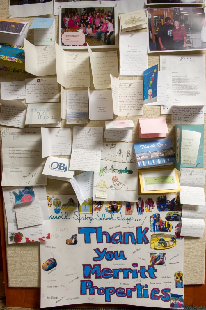 Merritt's Appreciation Wall filled with "Thank you" cards and notes from the various organizations, charities and individuals that Merritt has supported and contributed to.