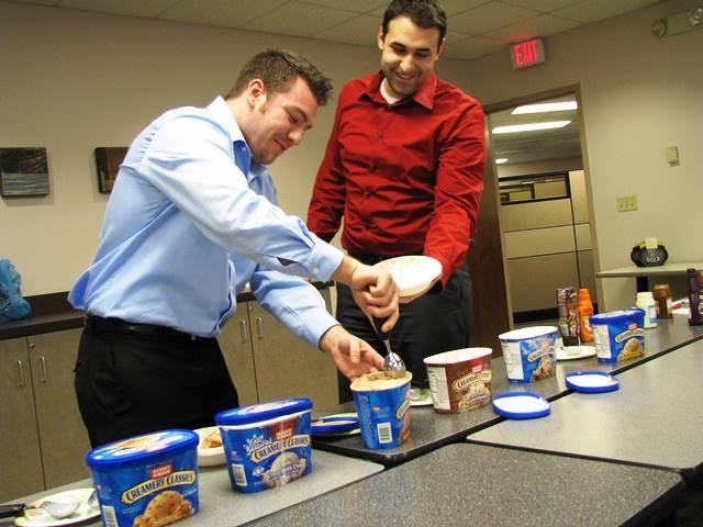 Our "brain breaks" during busy season give our employees a chance to unwind and take a quick break througout the day. Here, two hard working accountants take a break to enjoy our ice cream social.