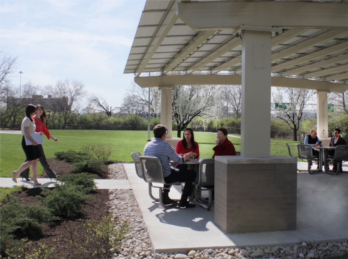 Burke's 7-acre campus includes an outdoor pavilion where employees meet and take breaks.