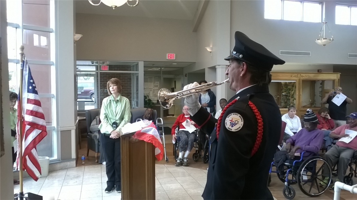 Patients who served in our Military are honored personally with a certificate and coin and also during ceremonies provided by our staff and volunteers as seen here. 