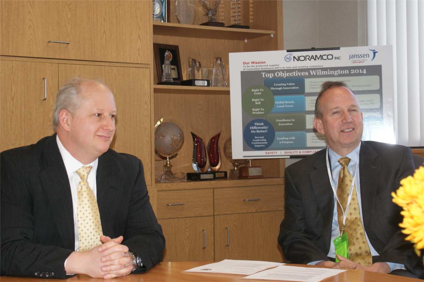 Delaware Governor Jack Markell and Noramco Plant Manager John Daly meet at Noramco