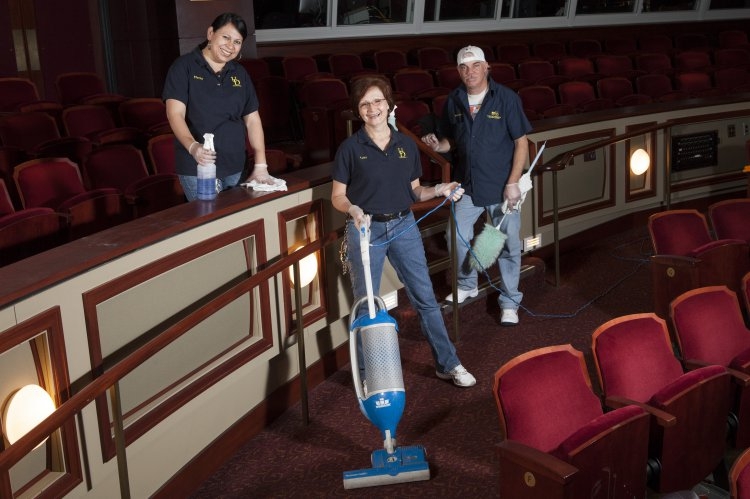Custodial Services cleaning the Thompson Theatre for use in the production of The Skin of Our Teeth
