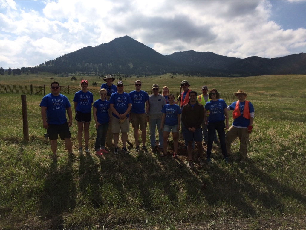 A group of associates from Baird’s Boulder branch worked in the foothills outside Boulder to assist Jeffco Open Space Park and Trails during Baird Gives Back Week.