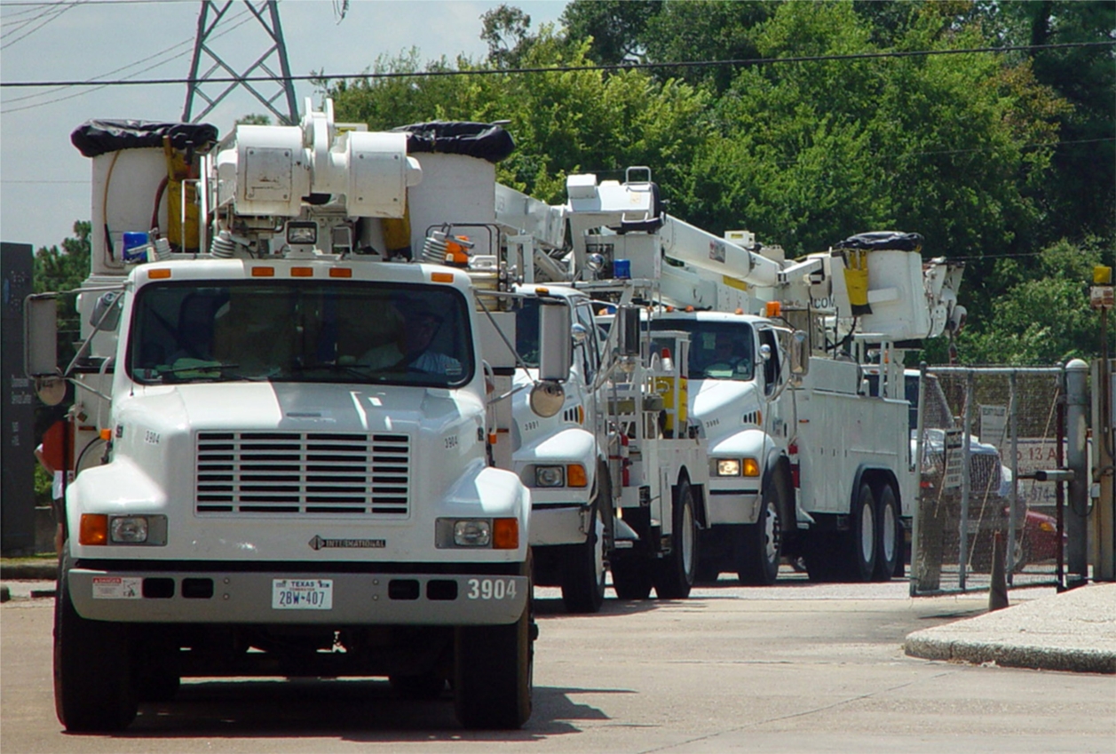 Electric mutual assistance crews from CenterPoint Energy head out to help restore power. 