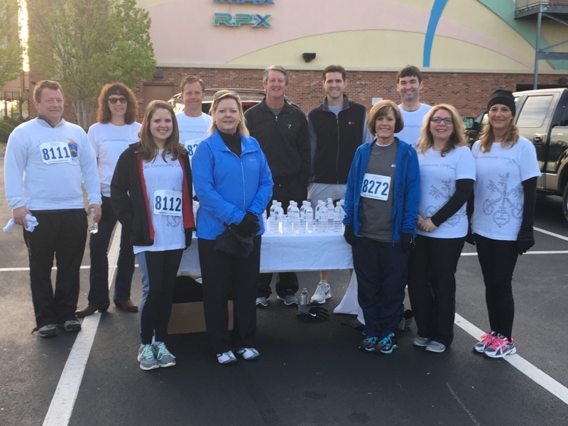 UBS Knoxville employees participating in the 11th Annual Breakthrough 5k Run/Walk for Autism at Turkey Creek (From back left to front right) Don Bateman, Missy Sexton, Tommy Siler, John Thomas, Chris Cannon, Matt Odom, Jessica Bausell, Debbie Webb, Kim Roberts, Cheryl Nelson, and Kim McFall.