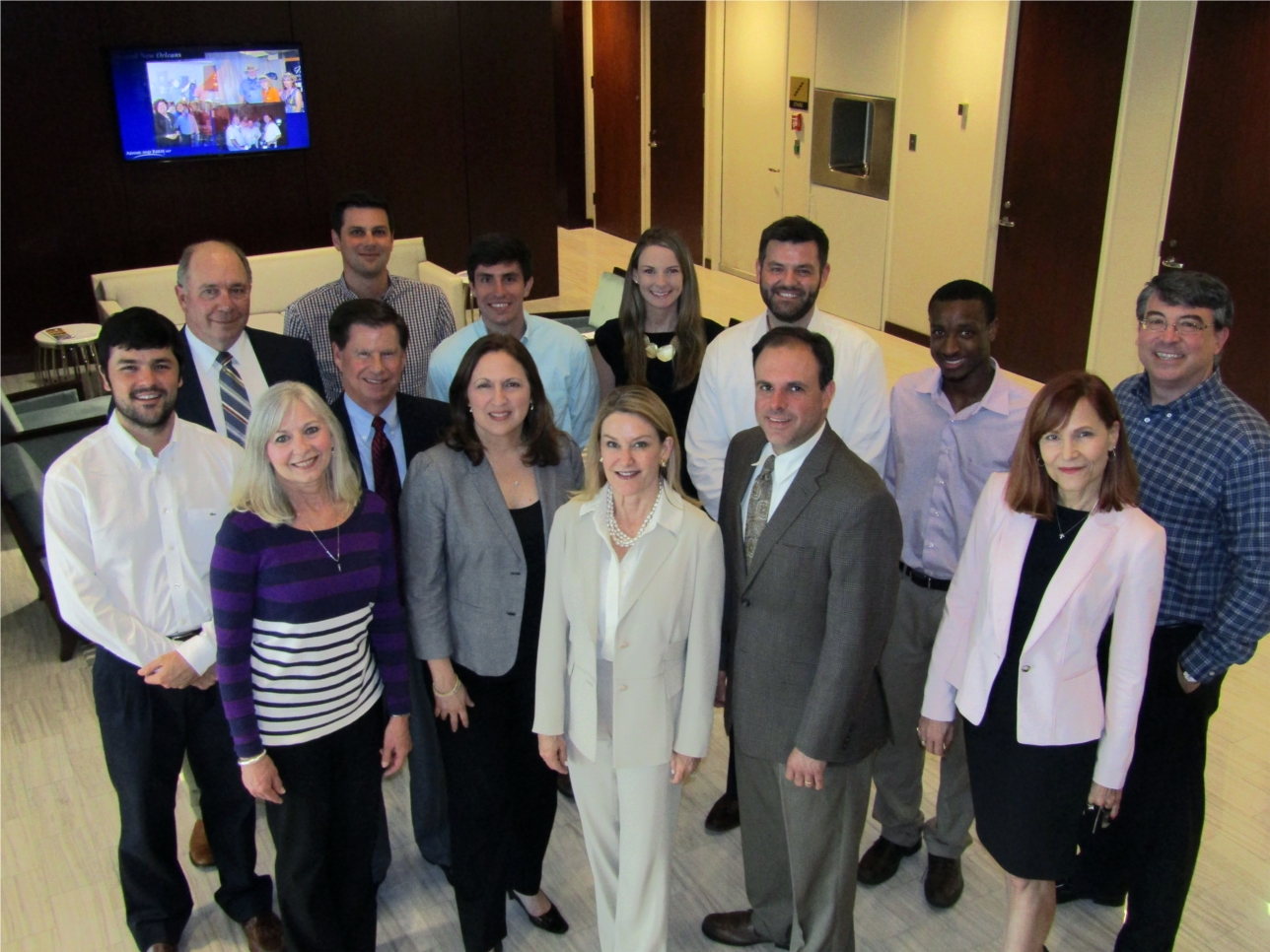 A group of Adams and Reese attorneys and staff in the firm's offices at One Shell Square in downtown New Orleans.
