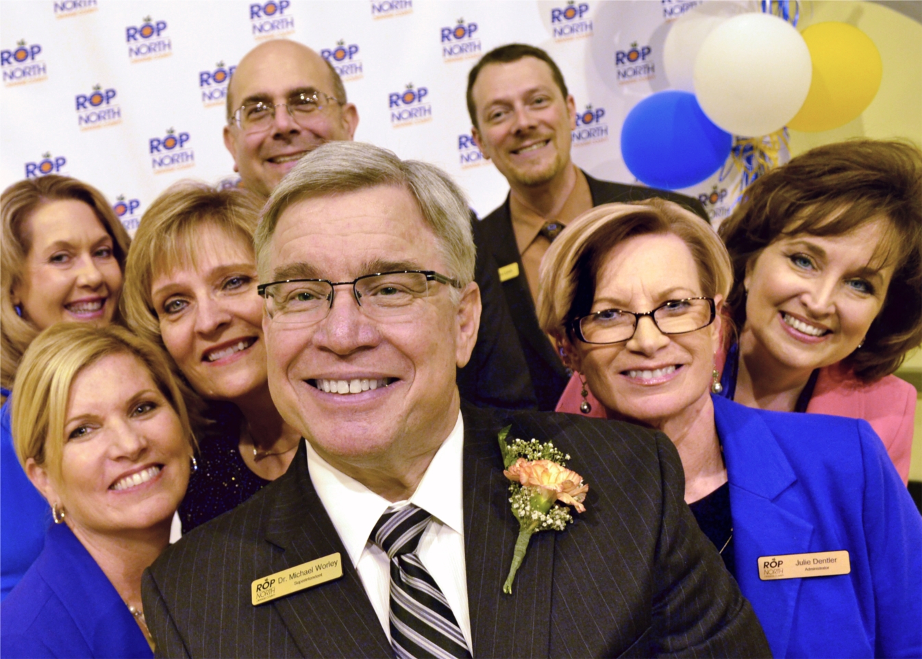 North Orange County Regional Occupational Program  administration takes a "selfie" at the 41st annual Celebration of Success Awards Ceremony. ROP honored 188 students by awarding $38,000.

Front and center, then rotating clockwise: Superintendent Michael Worley, Ed.D.; Asst. Supt. Karen Nelson (retired 9/30/14); Asst. Supt. Terri Giamarino; Administrator Linda Skipper; Asst. Supt. Howard Burkett; Administrator Dana Lynch; Administrator Gail Kairis; Coordinator Curriculum and Instruction Julie Dentler.