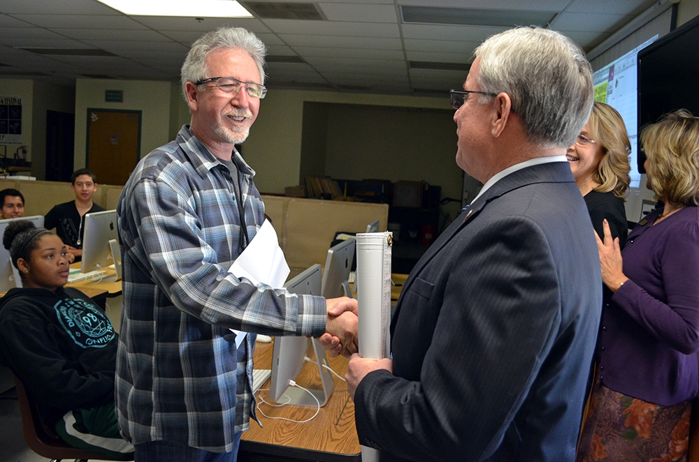 ROP Teacher of the Year Franco Ciccarello, Graphics and Design, during surprise visit to announce nomination, with Superintendent Michael Worley, Ed.D.