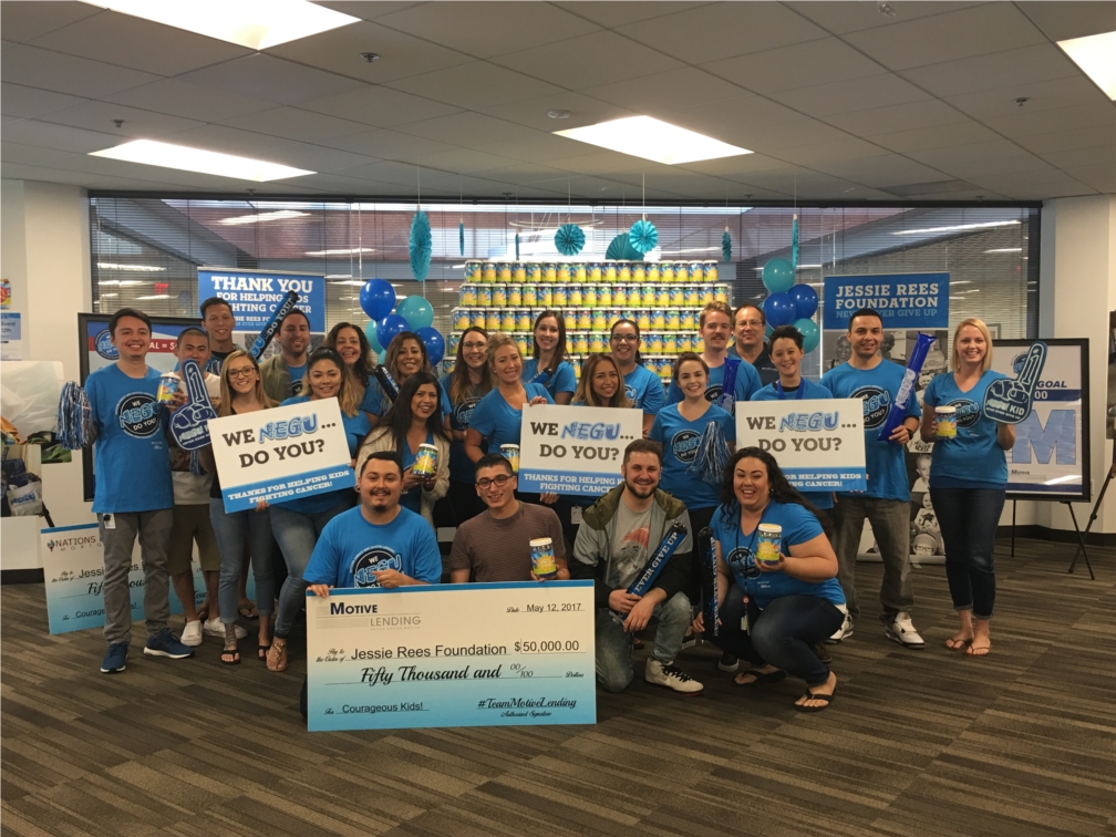 Team Motive Lending raised $50,000 and assembled 1,200 JoyJars for the Jessie Rees Foundation to help encourage kids with cancer to NEGU (NEVER EVER GIVE UP)!