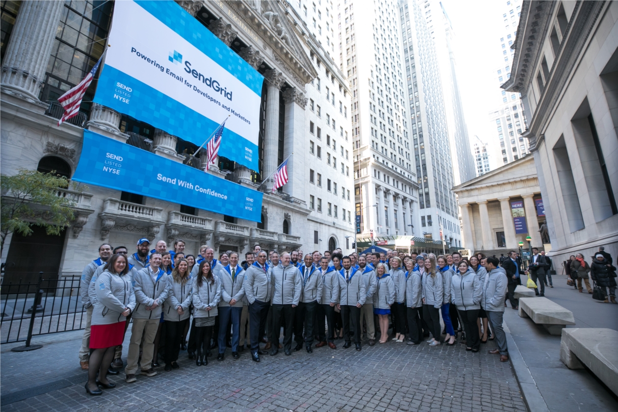 Some of SendGrid's long-time employees outside the NYSE on its IPO day. 