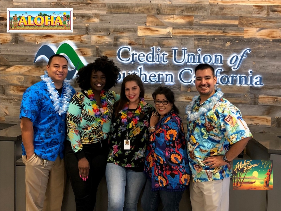 CU SoCal team members celebrate “Hawaiian Hump Day” by dressing up with Hawaiian attire.