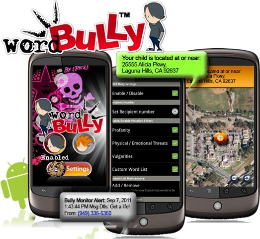 Word Bully is a smartphone app that filters for threatening language or harmful communications within text messages. More can be found at www.wordbully.com 