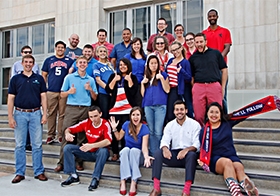 The firm's employees wear red, white and blue to work to support the US in the World Cup