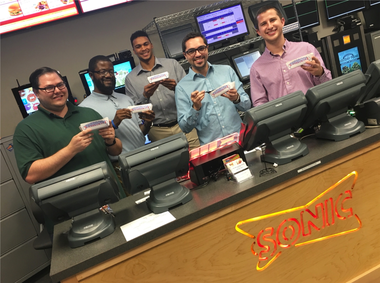 Quality Assurance team enjoying SONIC hot dogs on Dollar Dog Day!