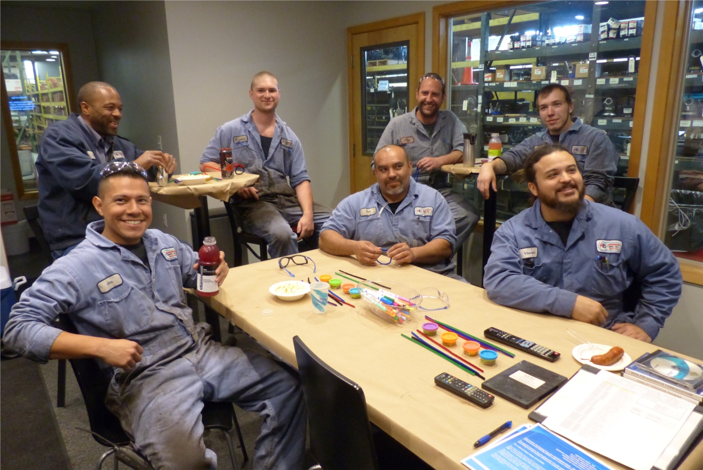 Some of our shop crew ready for fun and safety training videos!  Apr 2016.