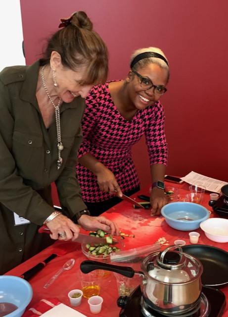 Practicing our knife skills in a cooking class