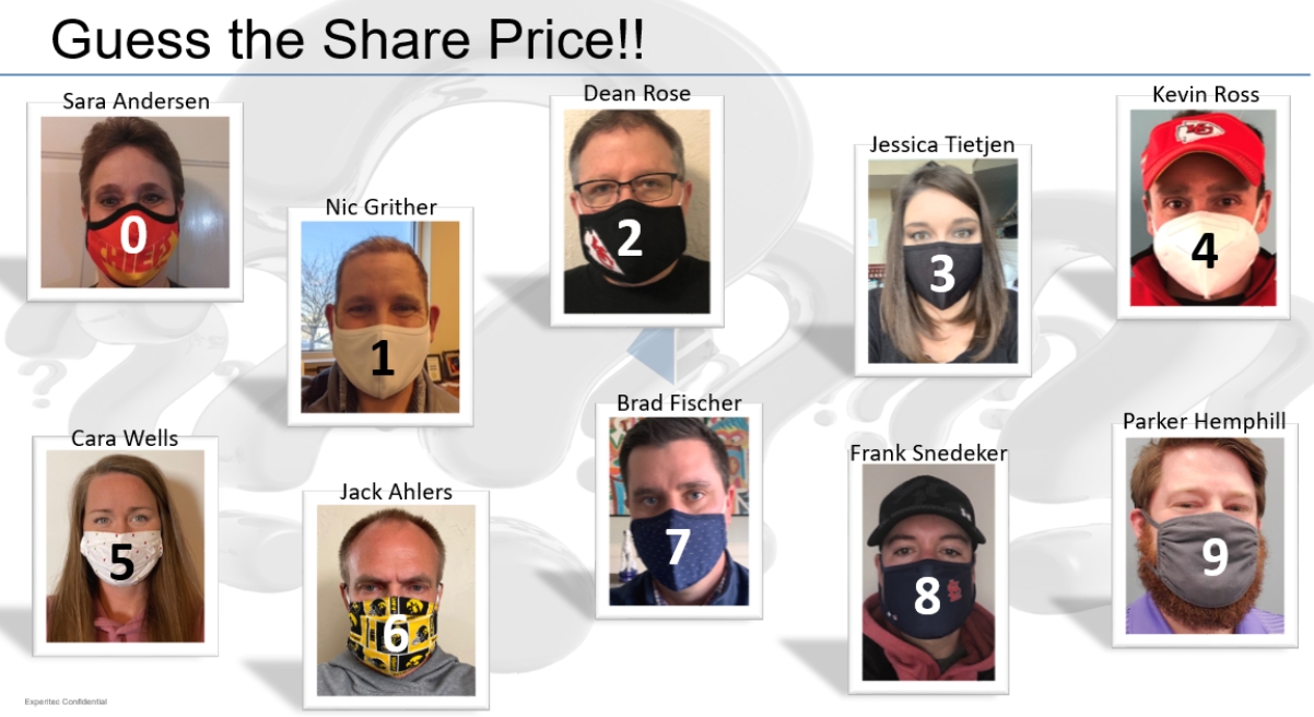 ESOP Communications & Culture Committee members did a play on the COVID-19 safety precautions by posing with numbered masks for Employee Owners to guess the newest share price.