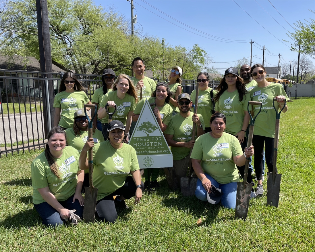 Global Healing partnering with Trees for Houston to plant 19 trees at a local elementary school