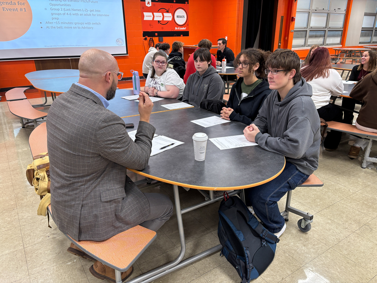 High schoolers take part in simulated job interview workshop.