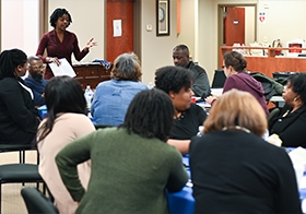 PAGE staff attorney Lauren Wilmer provides legal information to members.