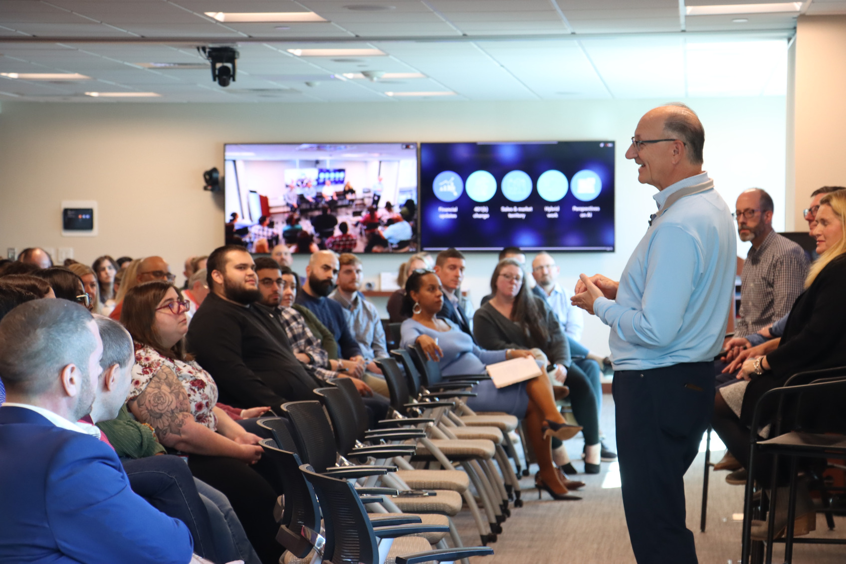 Employees gather onsite and virtually to chat with the Executive Team at our bi-annual CEO Update