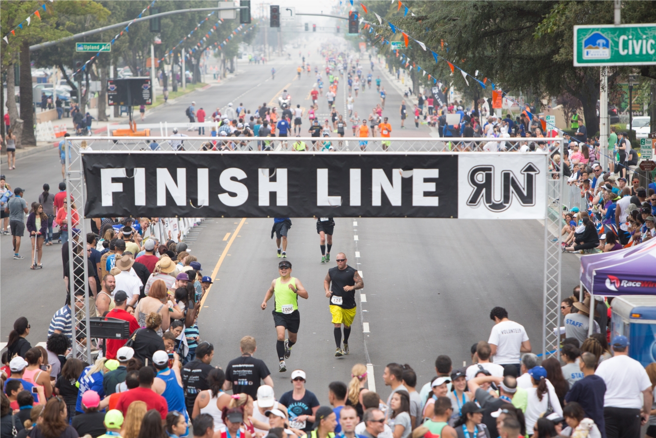 Runners cross the finish line at the Fontana Days Run. The Fontana Days Run is an internationally renowned race recognized as the World's Fastest Half Marathon Course since 1985. The Fontana Days Run is a 13.1 mile Half Marathon that starts in the San Bernardino National Forest at an elevation of 3,800 feet and drops nearly 2,500 feet to the finish line in front of Fontana City Hall.