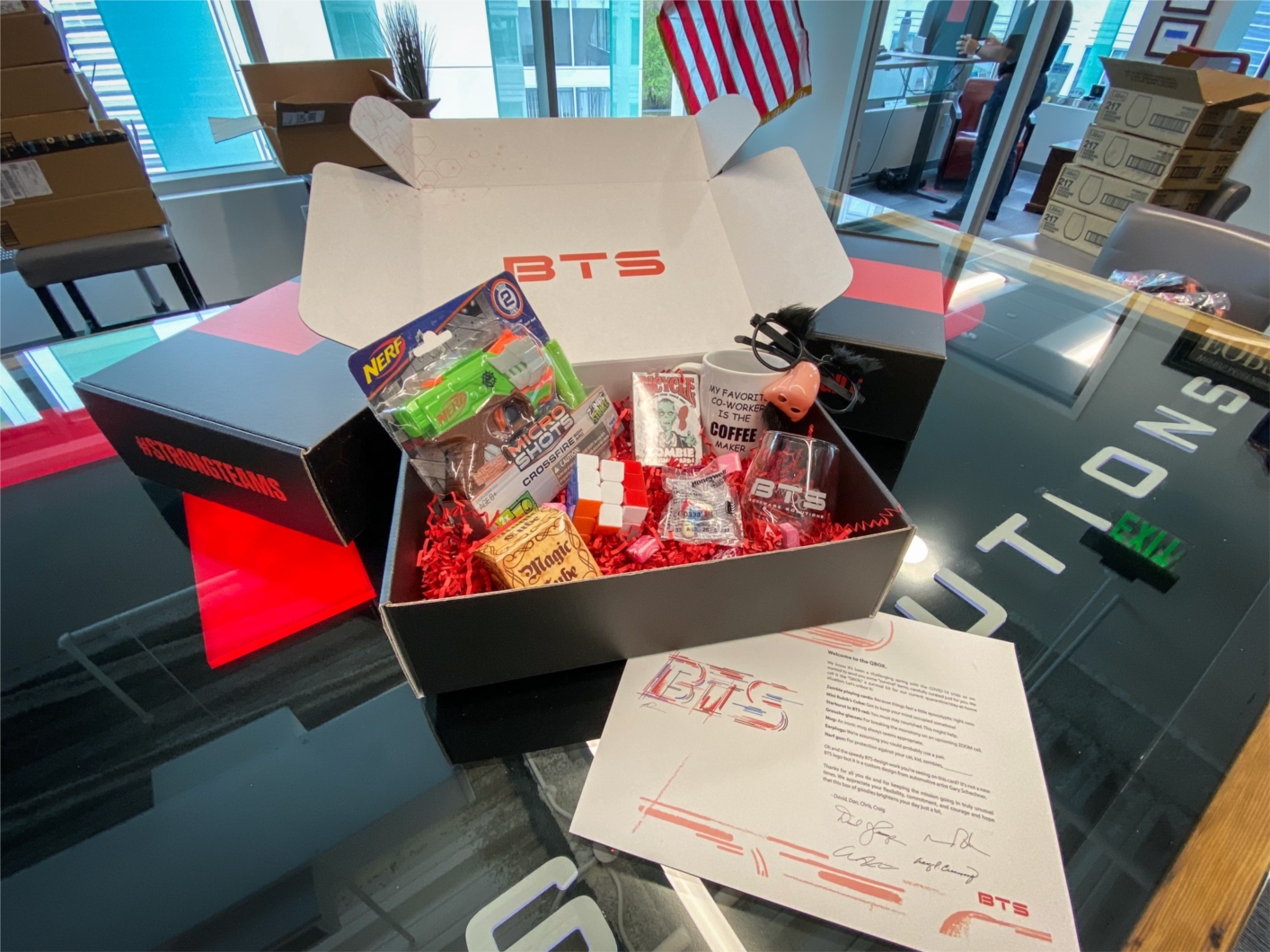 BTS Q-boxes sent to employees during the 2020 pandemic to bring a little fun while stuck at home.
