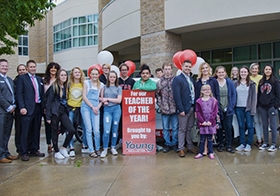 Kelland Davis, Davis School District Teacher of the Year 2019, being recognized by Young Kia. He won a new Kia vehicle. 