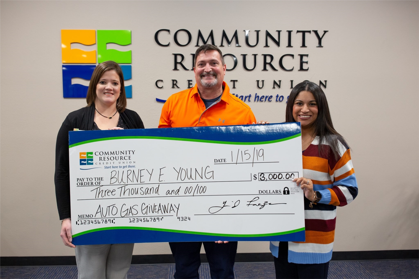 CRCU member Burney E. Young for winning the "Burn Rubber, Not Cash" Auto Loan sweepstakes contest!!! Mr. Young was presented with a check in the amount of $3,000 