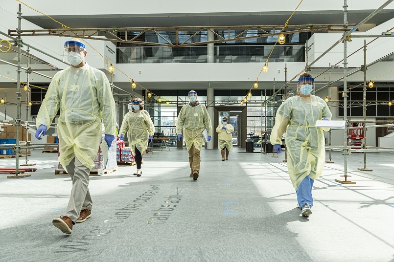 Caregivers at Cleveland Clinic's Hope Hospital, a surge hospital with 1,004 beds where patients who are COVID19+ are served.  Cleveland Clinic's Health Education Campus was transformed in record time to meet the needs of our patients, families and the community.  