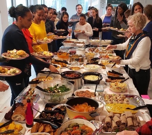 JSI Washington staff love to come together for celebrations of all kinds. Depicted here is the annual international Thanksgiving potluck. 