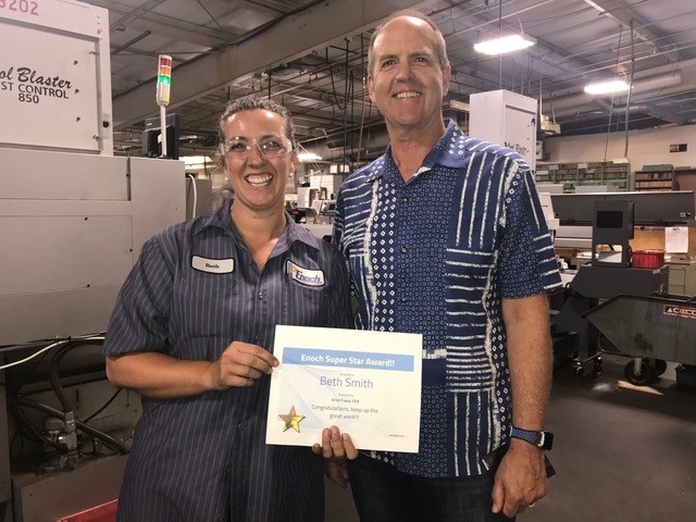 Beth Smith, a flourishing machinist at Enoch, is being recognized with our Super Star Award. Her passion for machining and going above and beyond earned her the quarterly honor!