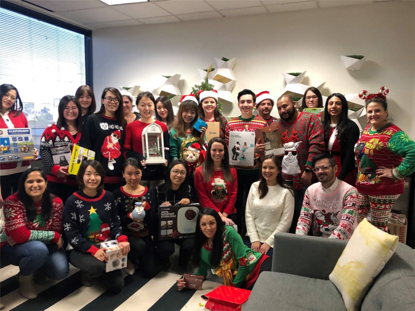 Annual ugly sweater and white elephant holiday gift exchange.