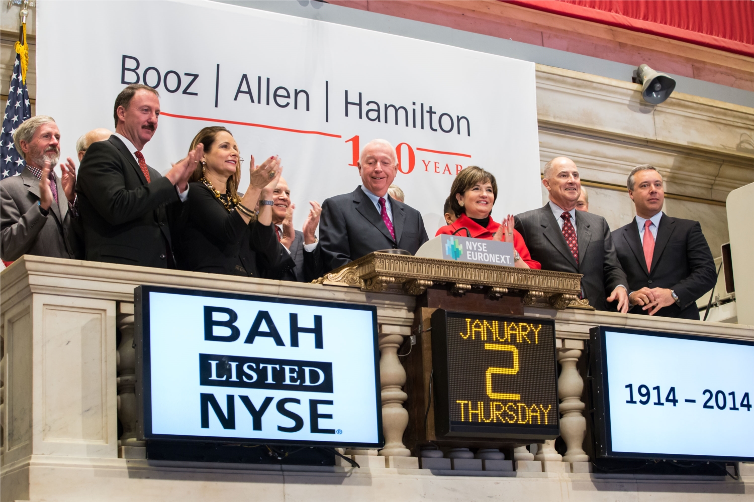 Booz Allen Hamilton (NYSE:BAH) leaders, past and present, celebrated the launch of the firm’s 100th anniversary year by ringing The Opening Bell® on January 2, 2014 at the New York Stock Exchange.