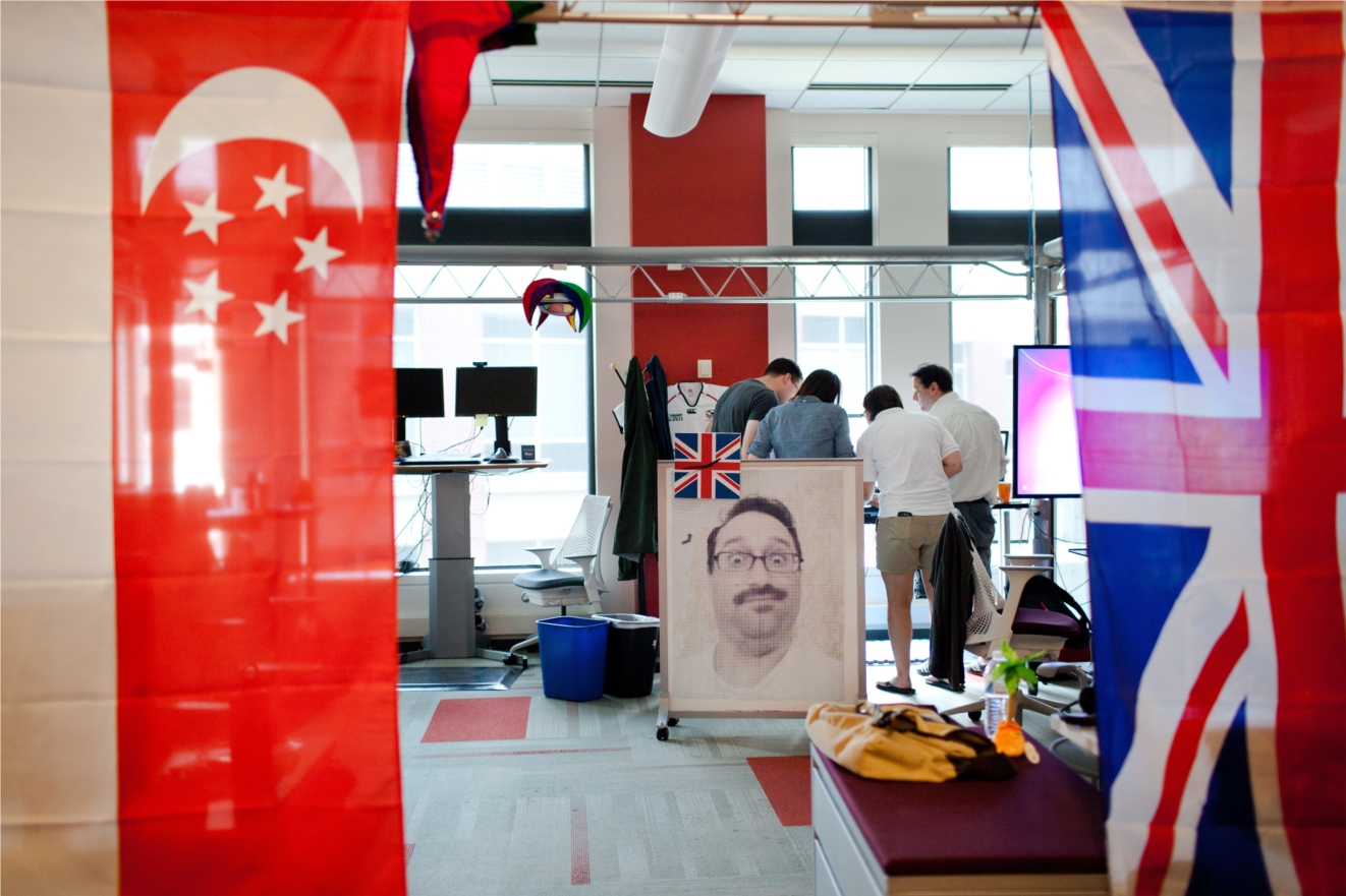 A look inside The Motley Fool office.  The tech team's desks are all on wheels, making it easy to reorg and collaborate with new teams on projects.