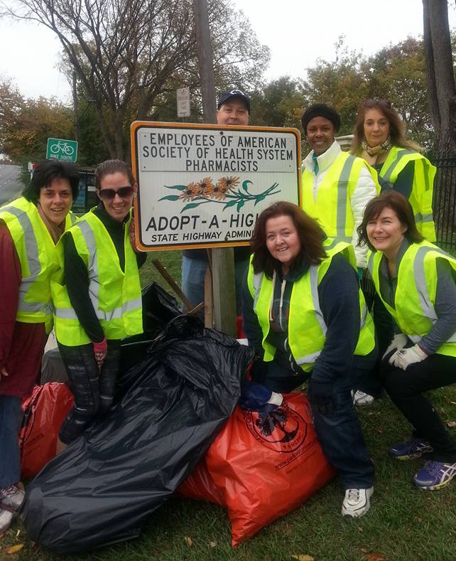 Members of the ASHP green team gather on a Saturday to clean up ASHP's adopted highway.